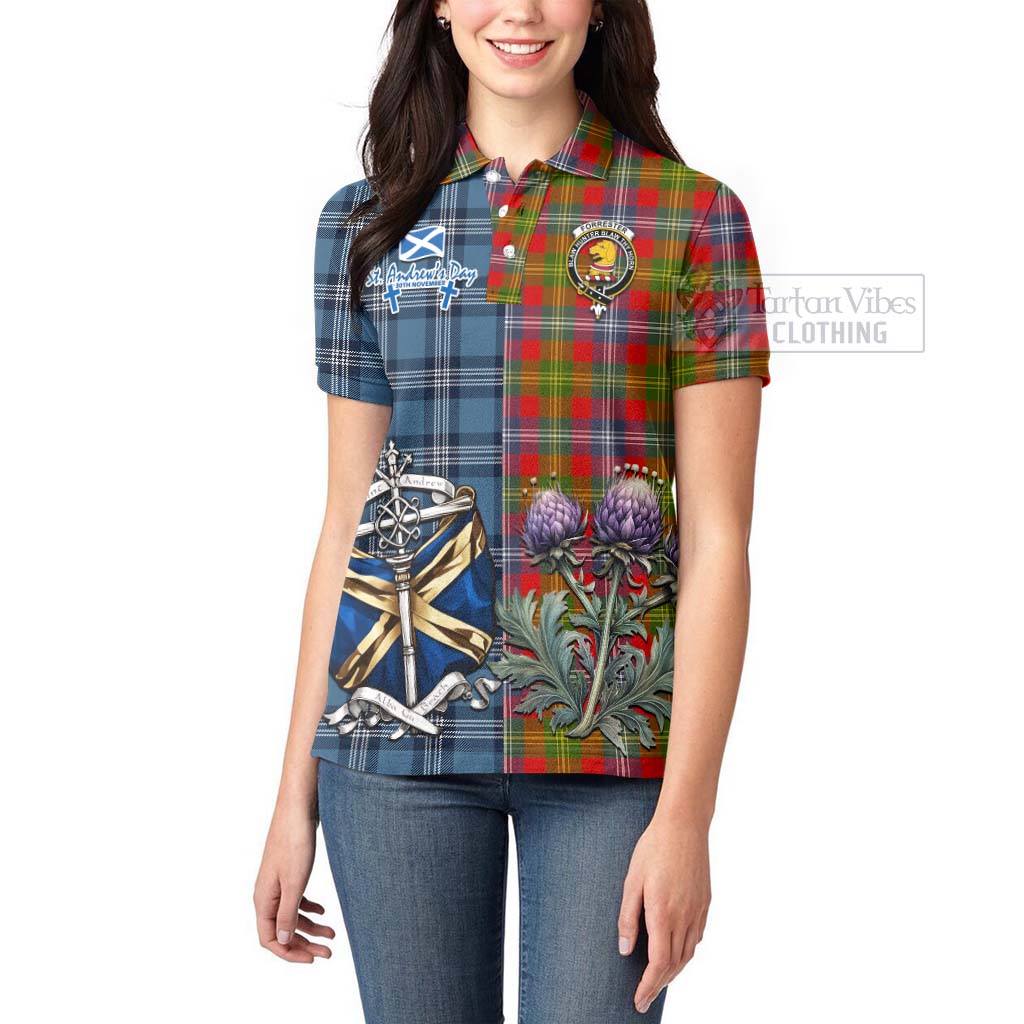 Tartan Vibes Clothing Forrester (Foster) Tartan Women's Polo Shirt Happy St. Andrew's Day Half Tartan Style