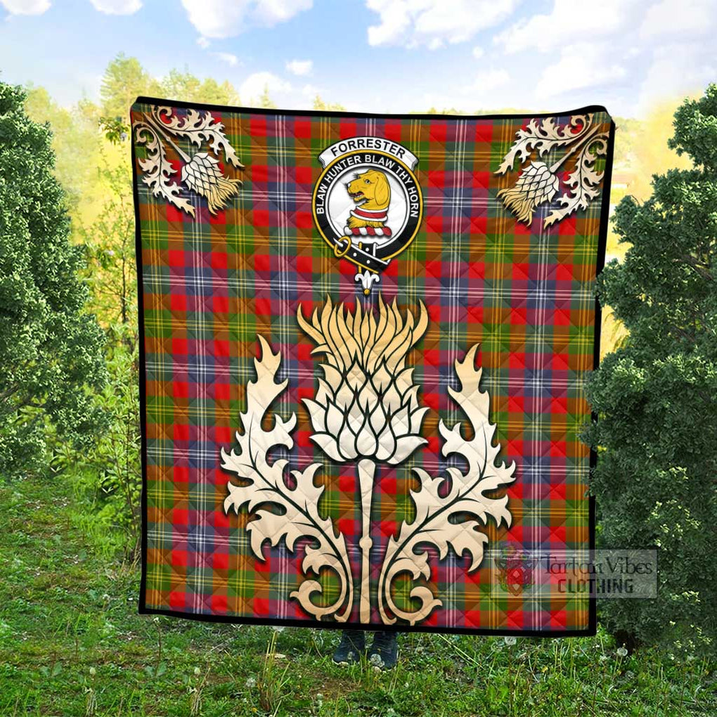 Tartan Vibes Clothing Forrester (Foster) Tartan Quilt with Family Crest and Golden Thistle Style