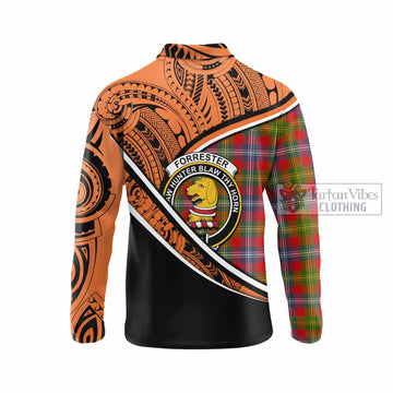 Forrester (Foster) Crest Tartan Long Sleeve Polo Shirt with Polynesian Vibes Style - Orange Version