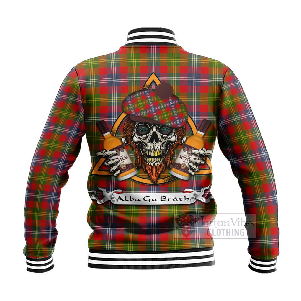 Tartan Vibes Clothing Forrester (Foster) Tartan Baseball Jacket with Family Crest and Bearded Skull Holding Bottles of Whiskey