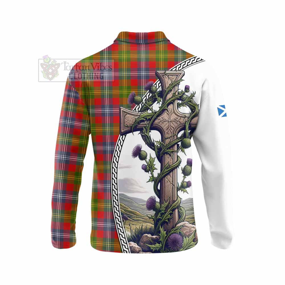 Tartan Vibes Clothing Forrester (Foster) Tartan Long Sleeve Polo Shirt with Family Crest and St. Andrew's Cross Accented by Thistle Vines