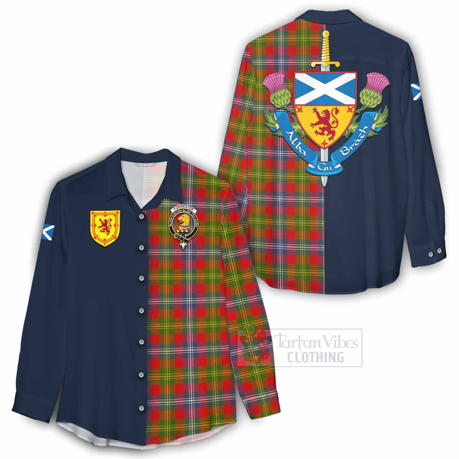 Tartan Vibes Clothing Forrester (Foster) Tartan Women's Casual Shirt Alba with Scottish Lion Royal Arm Half Style