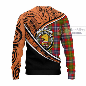 Forrester (Foster) Crest Tartan Knitted Sweater with Polynesian Vibes Style - Orange Version