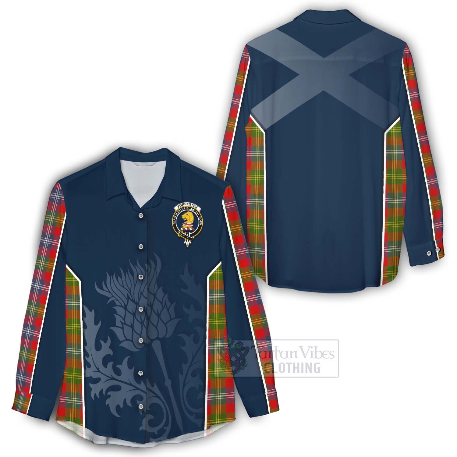 Tartan Vibes Clothing Forrester (Foster) Tartan Women's Casual Shirt with Family Crest and Scottish Thistle Vibes Sport Style