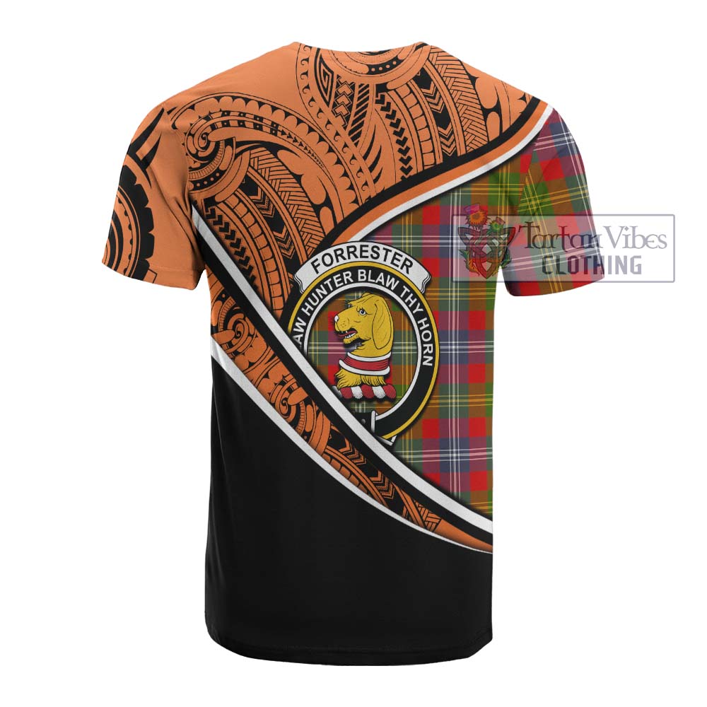 Tartan Vibes Clothing Forrester (Foster) Crest Tartan Cotton T-shirt with Maori Tattoo Style - Orange Version