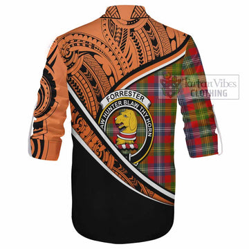 Forrester (Foster) Crest Tartan Ghillie Kilt Shirt with Polynesian Vibes Style - Orange Version