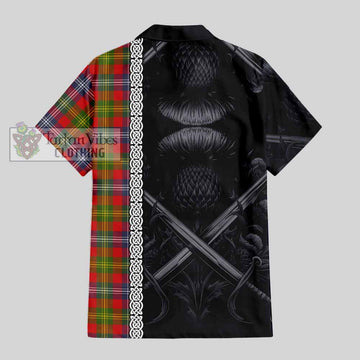 Forrester (Foster) Tartan Short Sleeve Button Shirt with Family Crest Cross Sword Thistle Celtic Vibes