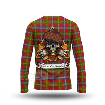 Forrester (Foster) Tartan Long Sleeve T-Shirt with Family Crest and Bearded Skull Holding Bottles of Whiskey