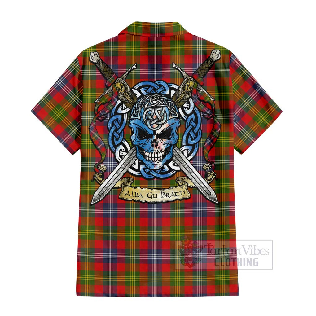 Tartan Vibes Clothing Forrester (Foster) Tartan Short Sleeve Button Shirt with Family Crest Celtic Skull Style