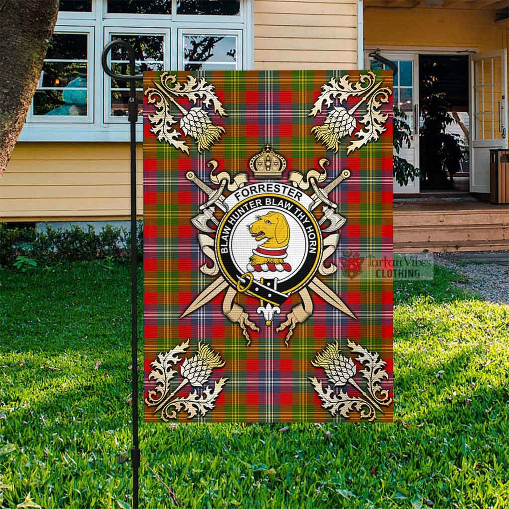 Tartan Vibes Clothing Forrester (Foster) Tartan Flag with Family Crest and Golden Thistle Crossed Sword Design