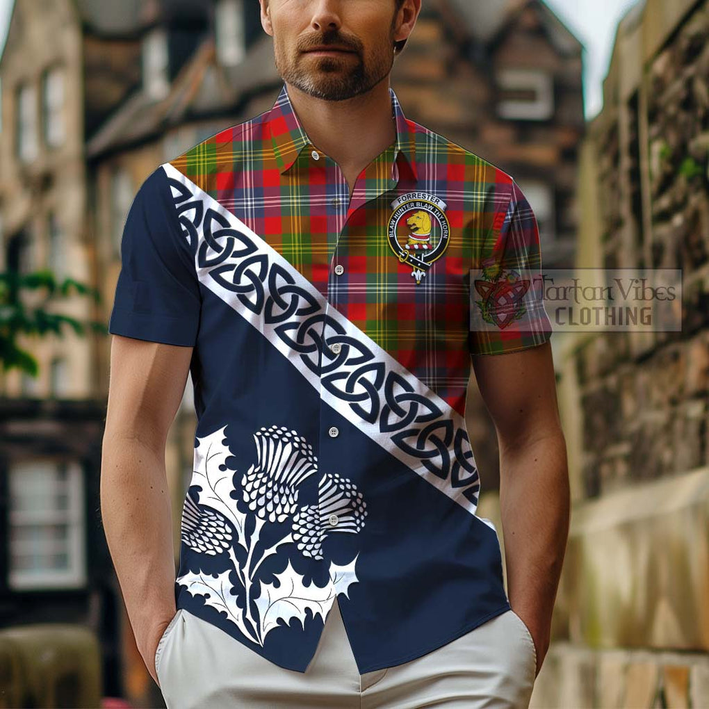 Tartan Vibes Clothing Forrester (Foster) Tartan Short Sleeve Button Shirt Featuring Thistle and Scotland Map