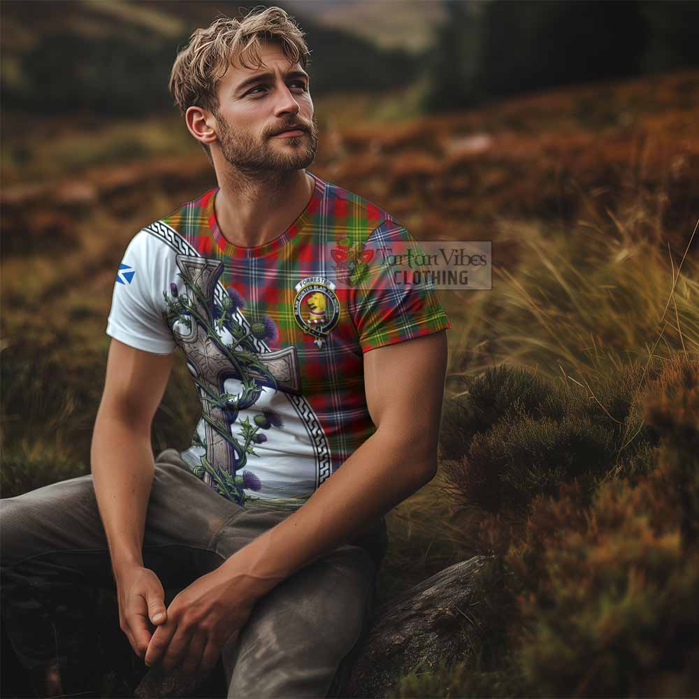 Tartan Vibes Clothing Forrester (Foster) Agnew Tartan T-Shirt with Family Crest and St. Andrew's Cross Accented by Thistle Vines