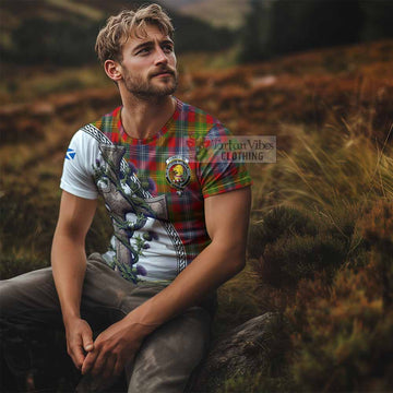 Forrester (Foster) Tartan T-Shirt with Family Crest and St. Andrew's Cross Accented by Thistle Vines