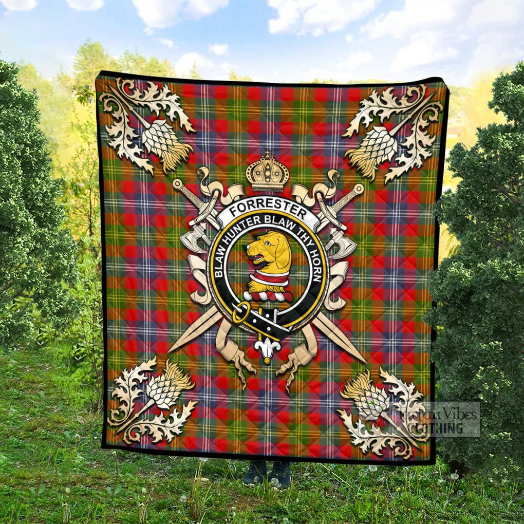 Tartan Vibes Clothing Forrester (Foster) Tartan Quilt with Family Crest and Scottish Golden Courage Shield