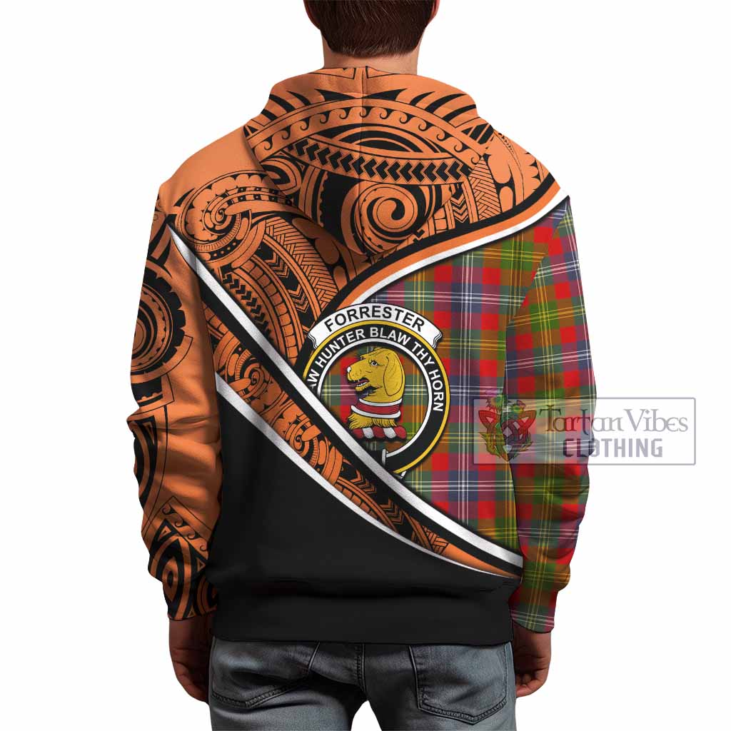 Tartan Vibes Clothing Forrester (Foster) Crest Tartan Hoodie with Maori Tattoo Style - Orange Version