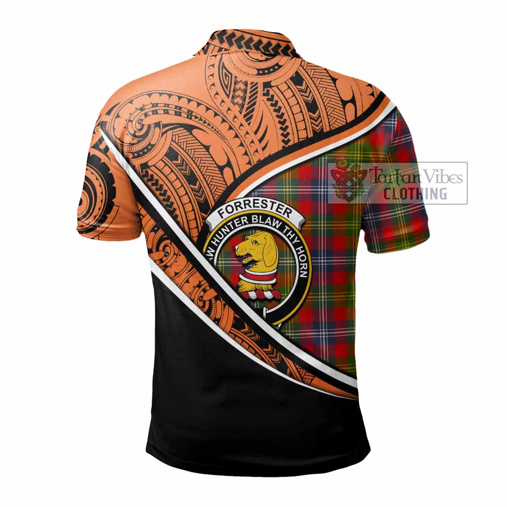 Tartan Vibes Clothing Forrester (Foster) Crest Tartan Polo Shirt with Maori Tattoo Style - Orange Version