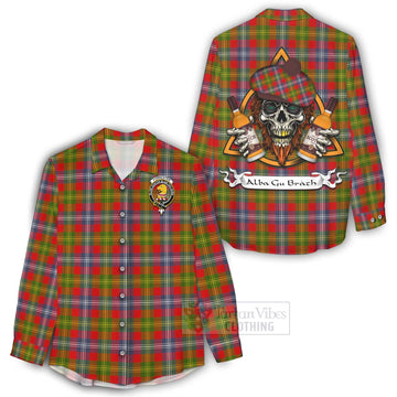 Forrester (Foster) Tartan Women's Casual Shirt with Family Crest and Bearded Skull Holding Bottles of Whiskey