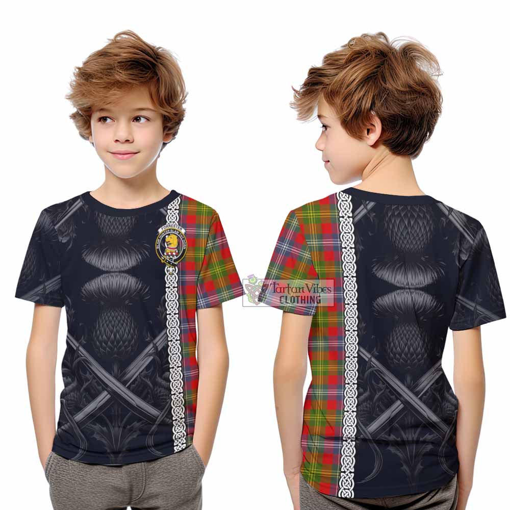 Tartan Vibes Clothing Forrester (Foster) Tartan Kid T-Shirt with Family Crest Cross Sword Thistle Celtic Vibes