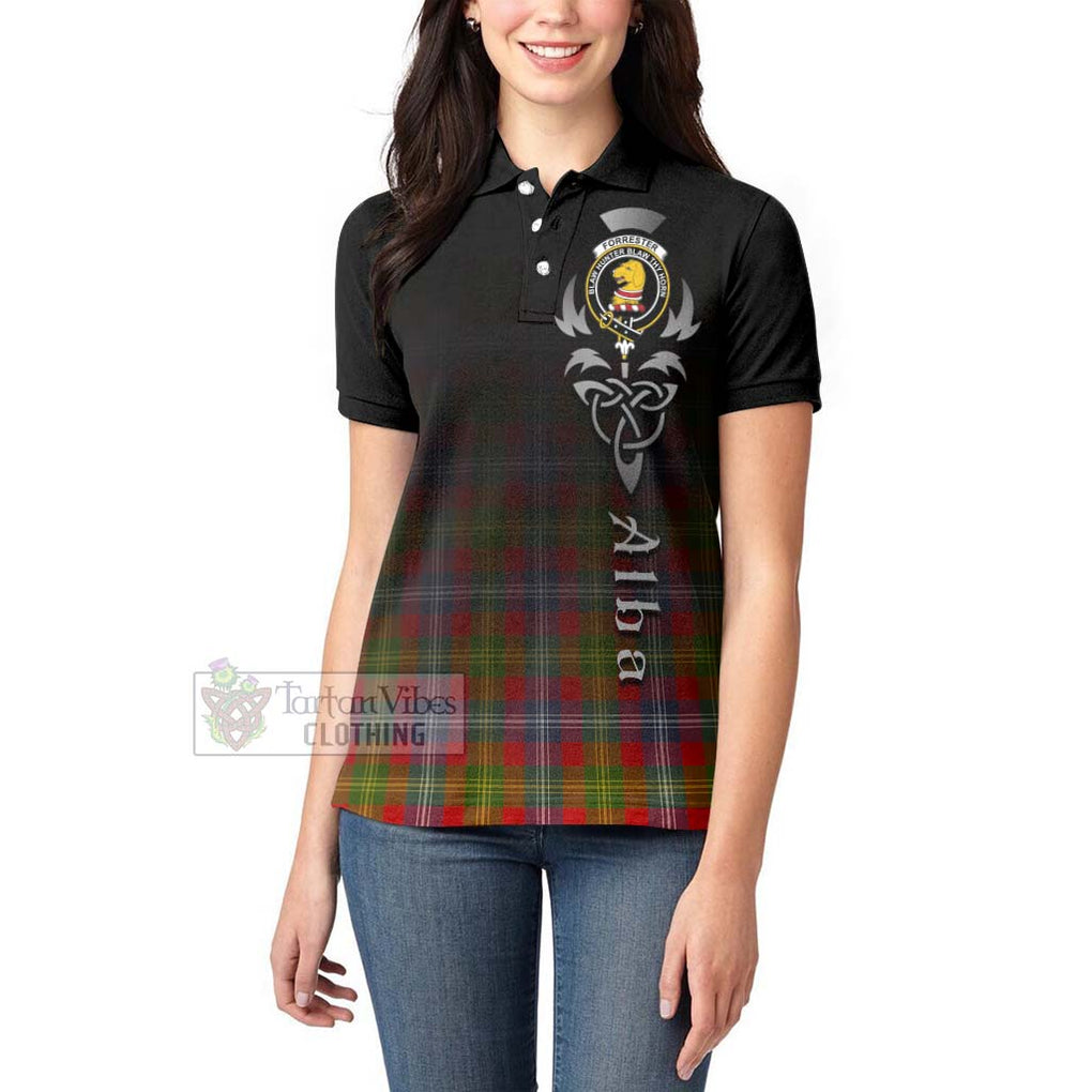 Tartan Vibes Clothing Forrester (Foster) Tartan Women's Polo Shirt Featuring Alba Gu Brath Family Crest Celtic Inspired