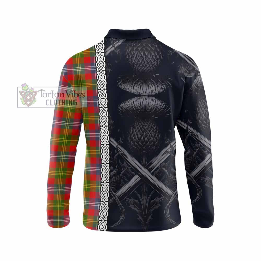 Tartan Vibes Clothing Forrester (Foster) Tartan Long Sleeve Polo Shirt with Family Crest Cross Sword Thistle Celtic Vibes