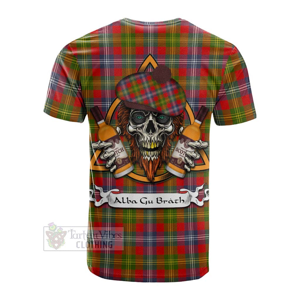 Tartan Vibes Clothing Forrester (Foster) Tartan Cotton T-shirt with Family Crest and Bearded Skull Holding Bottles of Whiskey