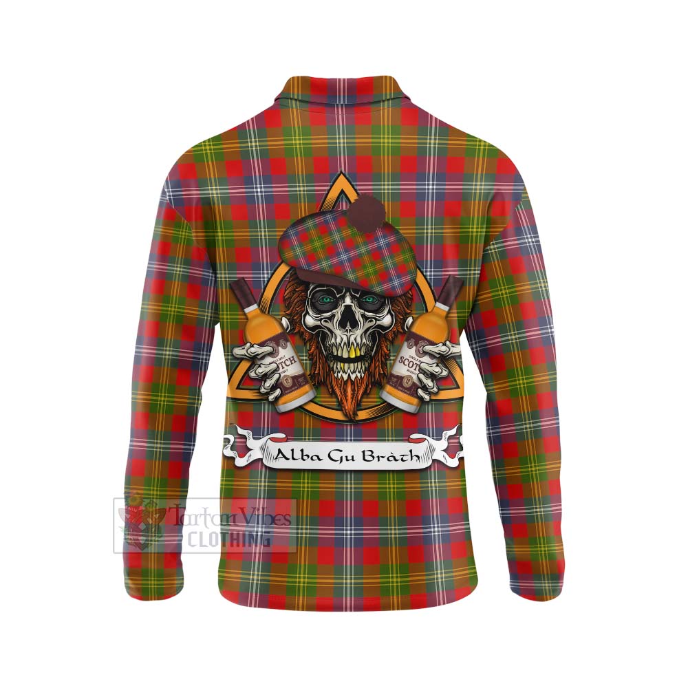 Tartan Vibes Clothing Forrester (Foster) Tartan Long Sleeve Polo Shirt with Family Crest and Bearded Skull Holding Bottles of Whiskey