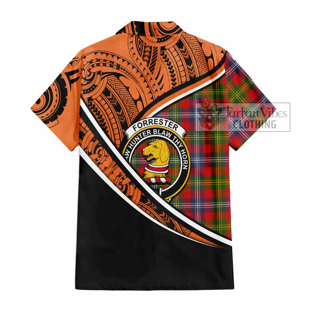 Tartan Vibes Clothing Forrester (Foster) Crest Tartan Short Sleeve Button Shirt with Maori Tattoo Style - Orange Version