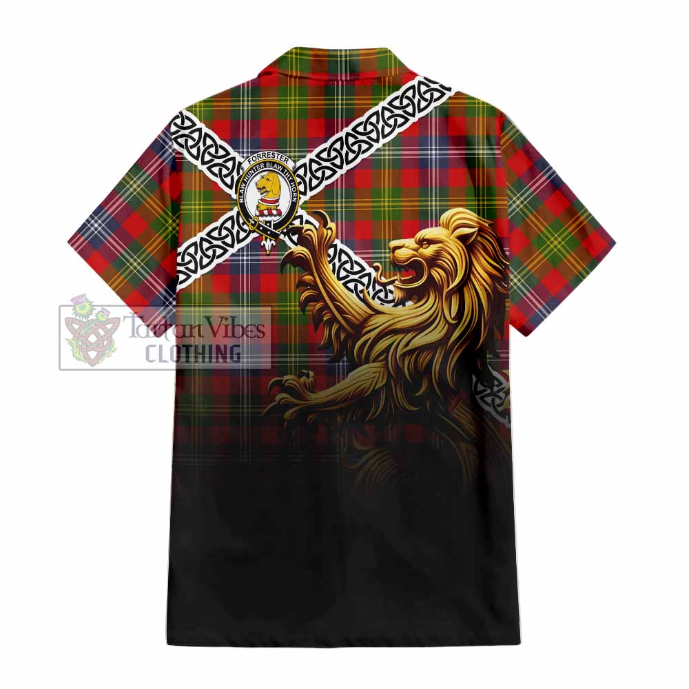 Forrester (Foster) Crest Tartan Hawaiian Shirt with Golden Lion Emblem Celtic Style - Tartan Vibes Clothing