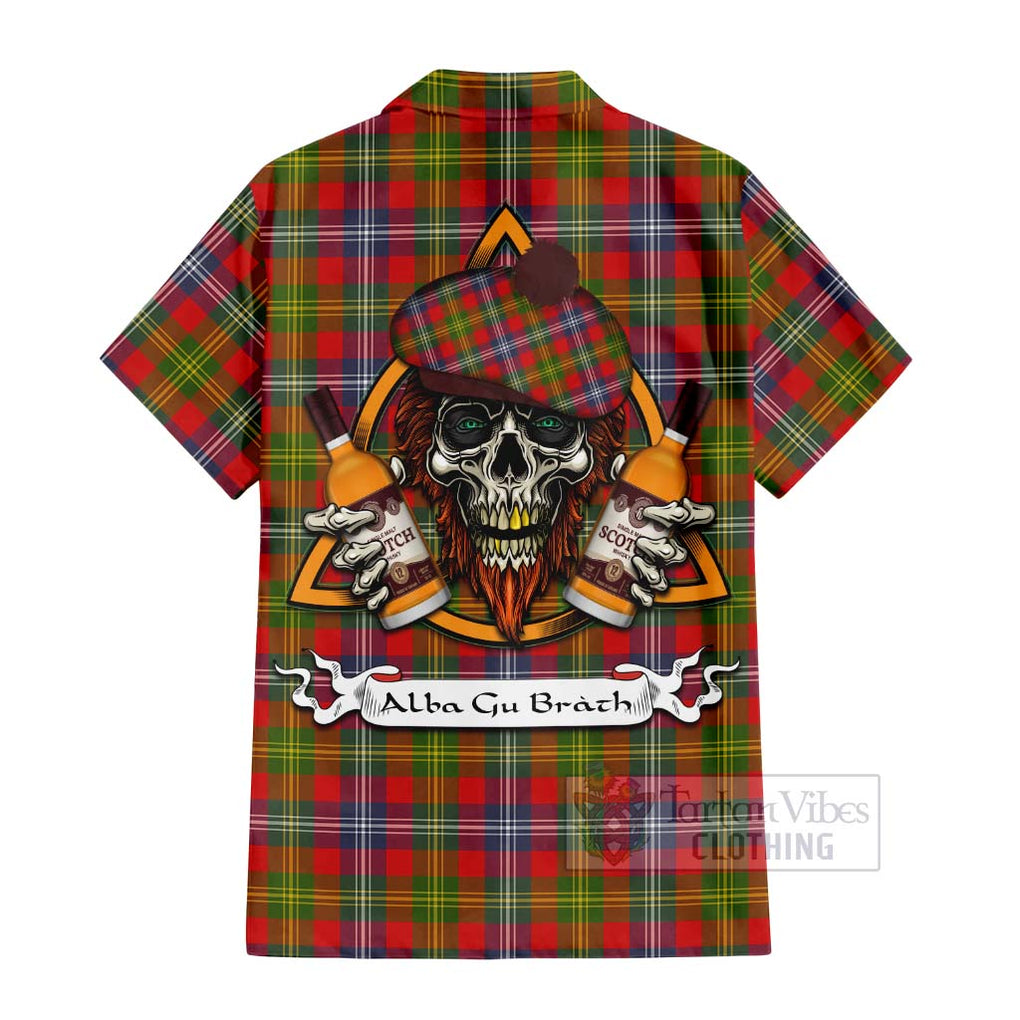 Tartan Vibes Clothing Forrester (Foster) Tartan Short Sleeve Button Shirt with Family Crest and Bearded Skull Holding Bottles of Whiskey