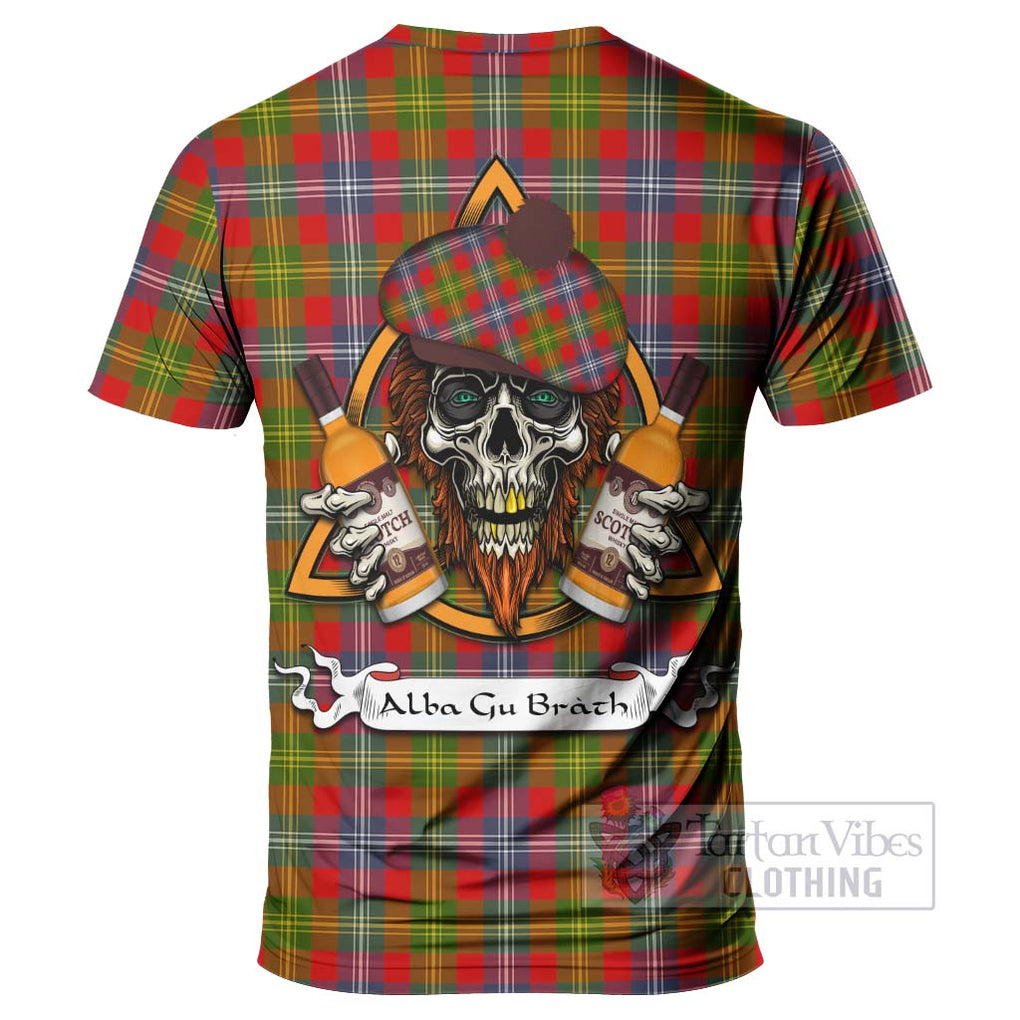 Tartan Vibes Clothing Forrester (Foster) Tartan T-Shirt with Family Crest and Bearded Skull Holding Bottles of Whiskey