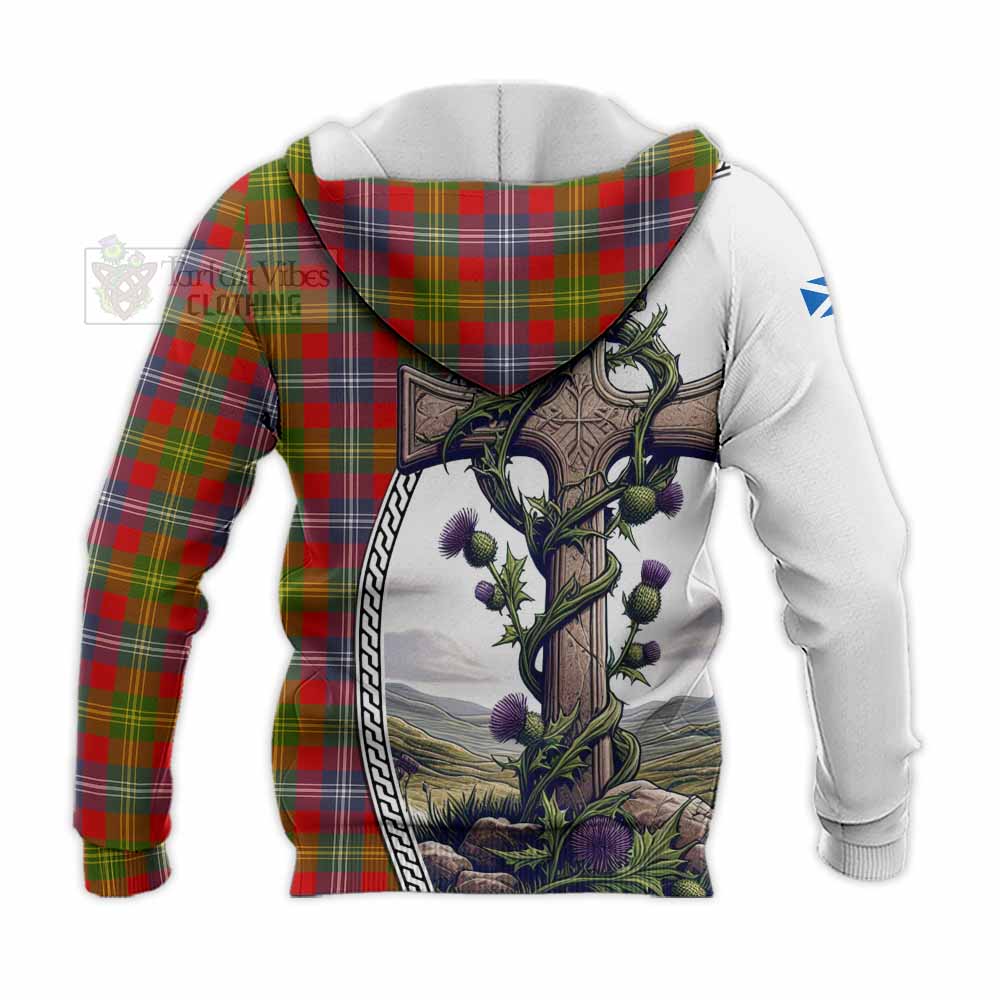 Tartan Vibes Clothing Forrester (Foster) Tartan Knitted Hoodie with Family Crest and St. Andrew's Cross Accented by Thistle Vines