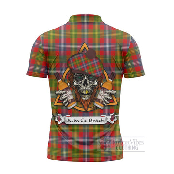 Forrester (Foster) Tartan Zipper Polo Shirt with Family Crest and Bearded Skull Holding Bottles of Whiskey