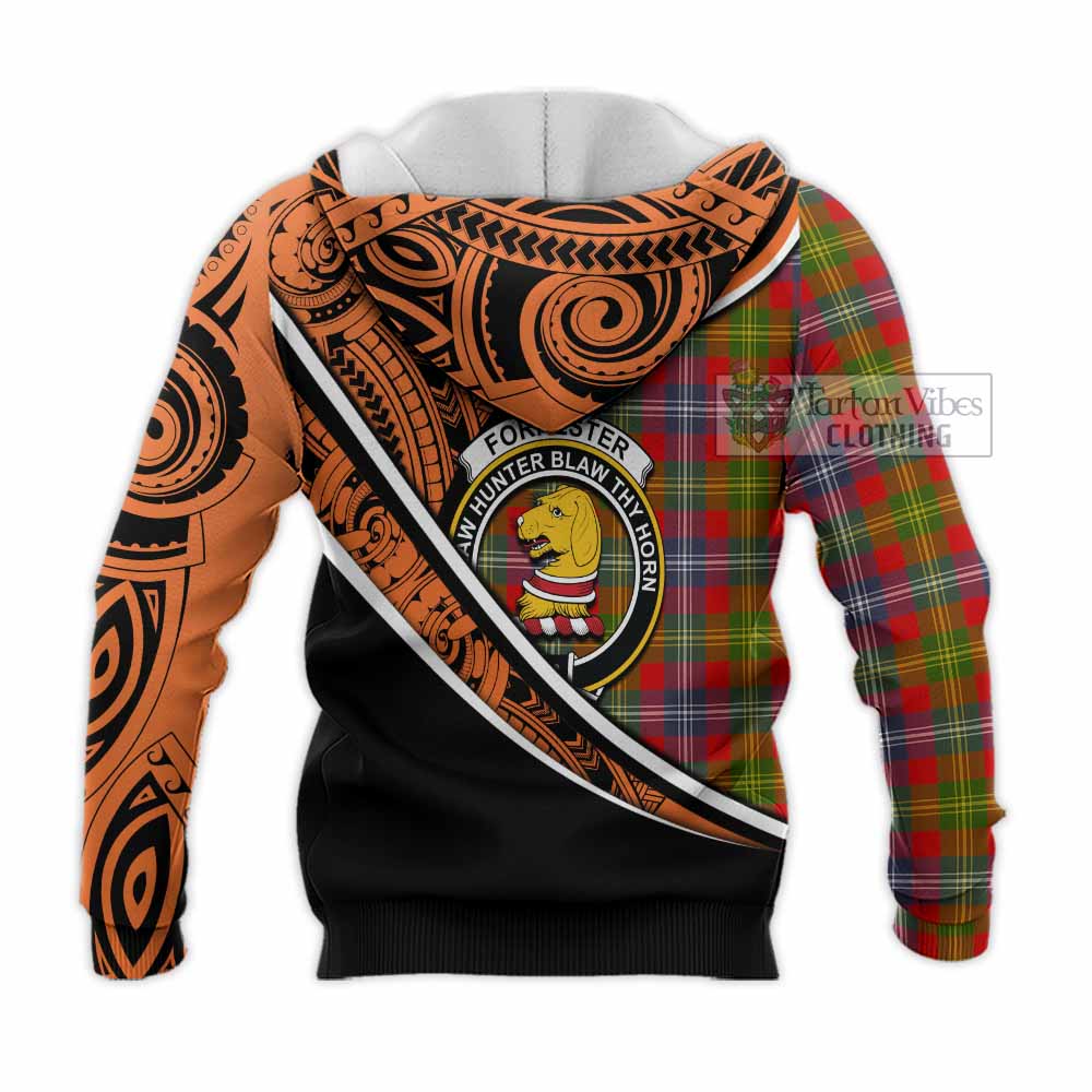 Tartan Vibes Clothing Forrester (Foster) Crest Tartan Knitted Hoodie with Maori Tattoo Style - Orange Version