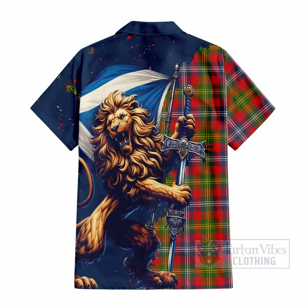 Tartan Vibes Clothing Forrester (Foster) Tartan Family Crest Short Sleeve Button Shirt with Scottish Majestic Lion