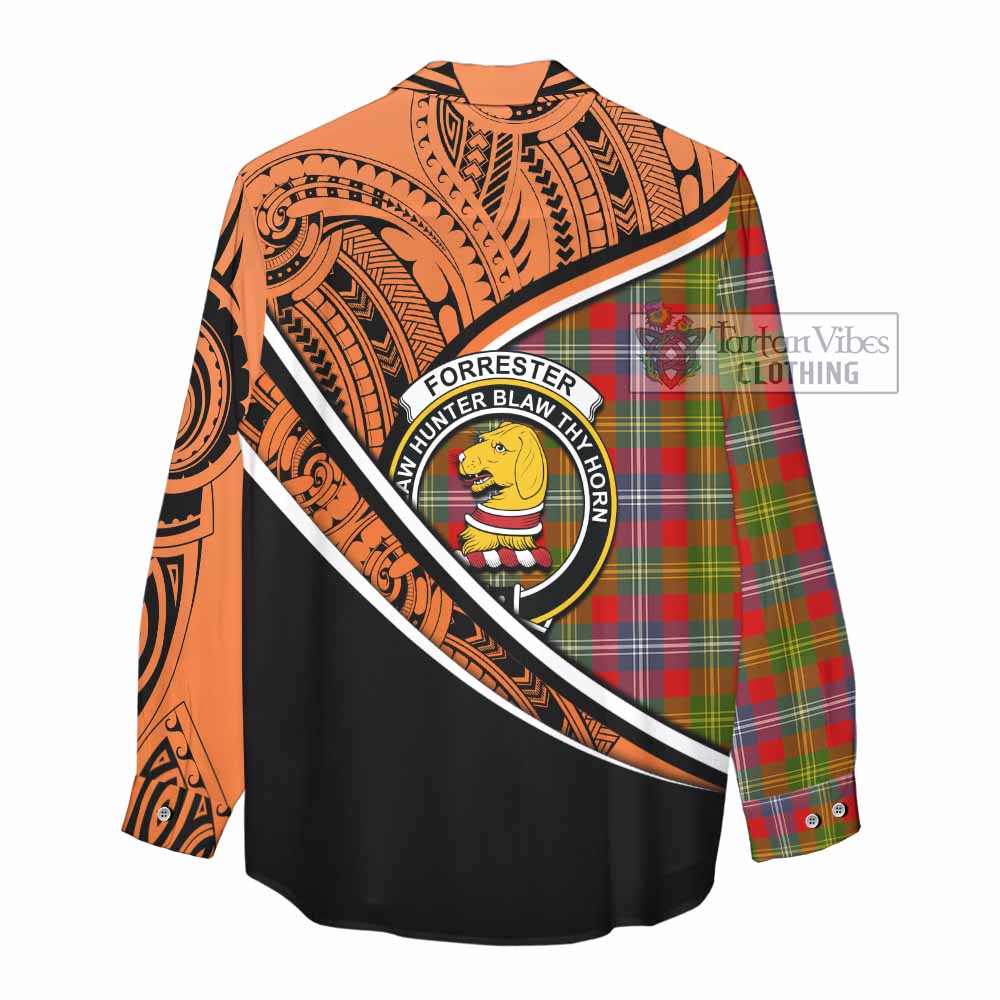 Tartan Vibes Clothing Forrester (Foster) Crest Tartan Women's Casual Shirt with Maori Tattoo Style - Orange Version