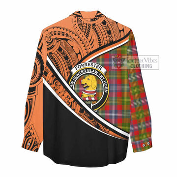 Forrester (Foster) Crest Tartan Women's Casual Shirt with Polynesian Vibes Style - Orange Version