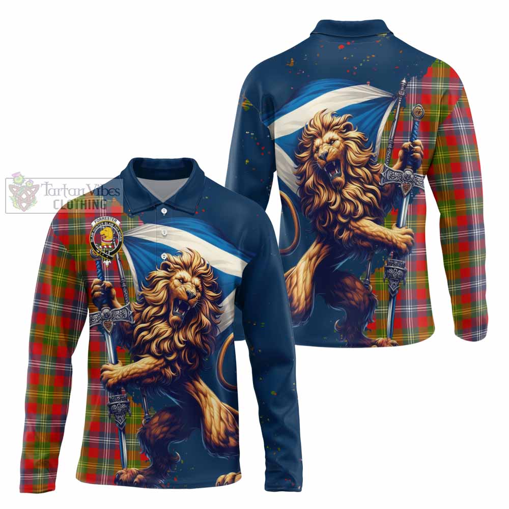 Tartan Vibes Clothing Forrester (Foster) Tartan Family Crest Long Sleeve Polo Shirt with Scottish Majestic Lion