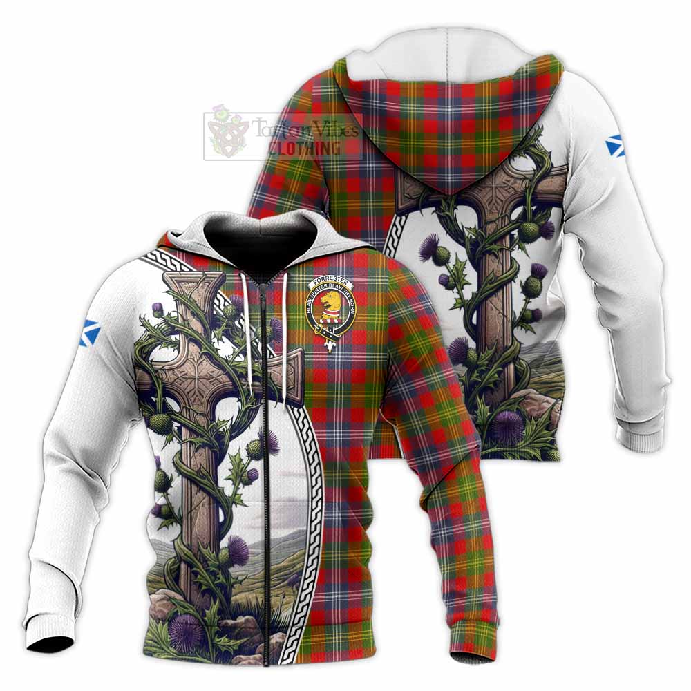 Tartan Vibes Clothing Forrester (Foster) Tartan Knitted Hoodie with Family Crest and St. Andrew's Cross Accented by Thistle Vines