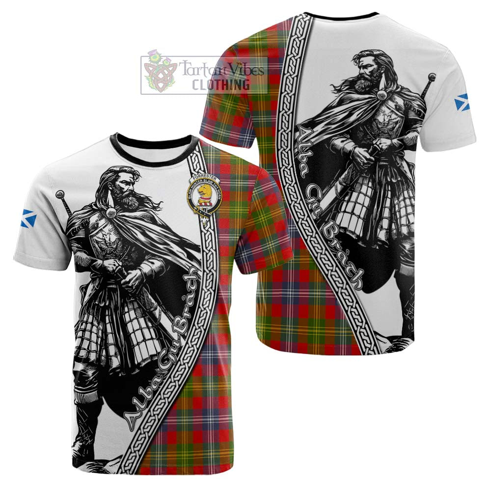 Forrester (Foster) Tartan Clan Crest Cotton T-shirt with Highlander Warrior Celtic Style