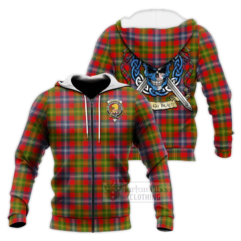 Tartan Vibes Clothing Forrester (Foster) Tartan Knitted Hoodie with Family Crest Celtic Skull Style