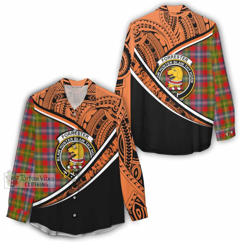 Tartan Vibes Clothing Forrester (Foster) Crest Tartan Women's Casual Shirt with Maori Tattoo Style - Orange Version