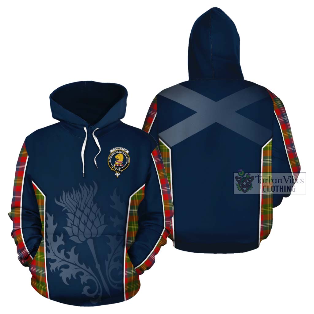 Tartan Vibes Clothing Forrester (Foster) Tartan Cotton Hoodie with Family Crest and Scottish Thistle Vibes Sport Style