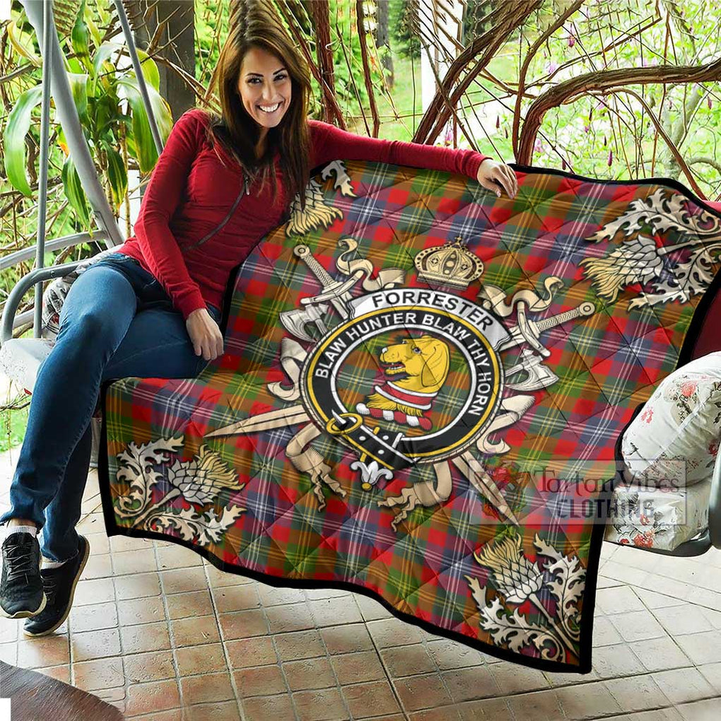 Tartan Vibes Clothing Forrester (Foster) Tartan Quilt with Family Crest and Scottish Golden Courage Shield