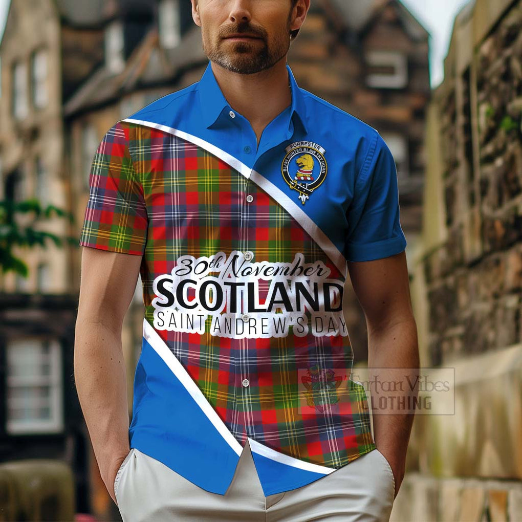 Tartan Vibes Clothing Forrester (Foster) Family Crest Tartan Short Sleeve Button Shirt Celebrate Saint Andrew's Day in Style