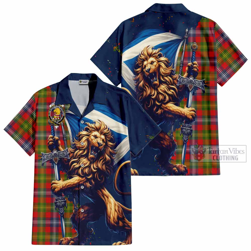 Tartan Vibes Clothing Forrester (Foster) Tartan Family Crest Short Sleeve Button Shirt with Scottish Majestic Lion