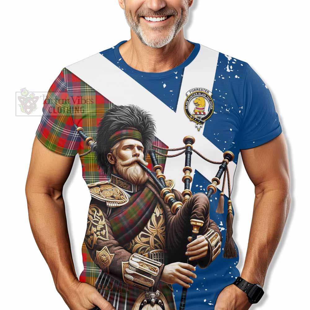 Tartan Vibes Clothing Forrester (Foster) Tartan T-Shirt with Family Crest Scottish Bagpiper Vibes