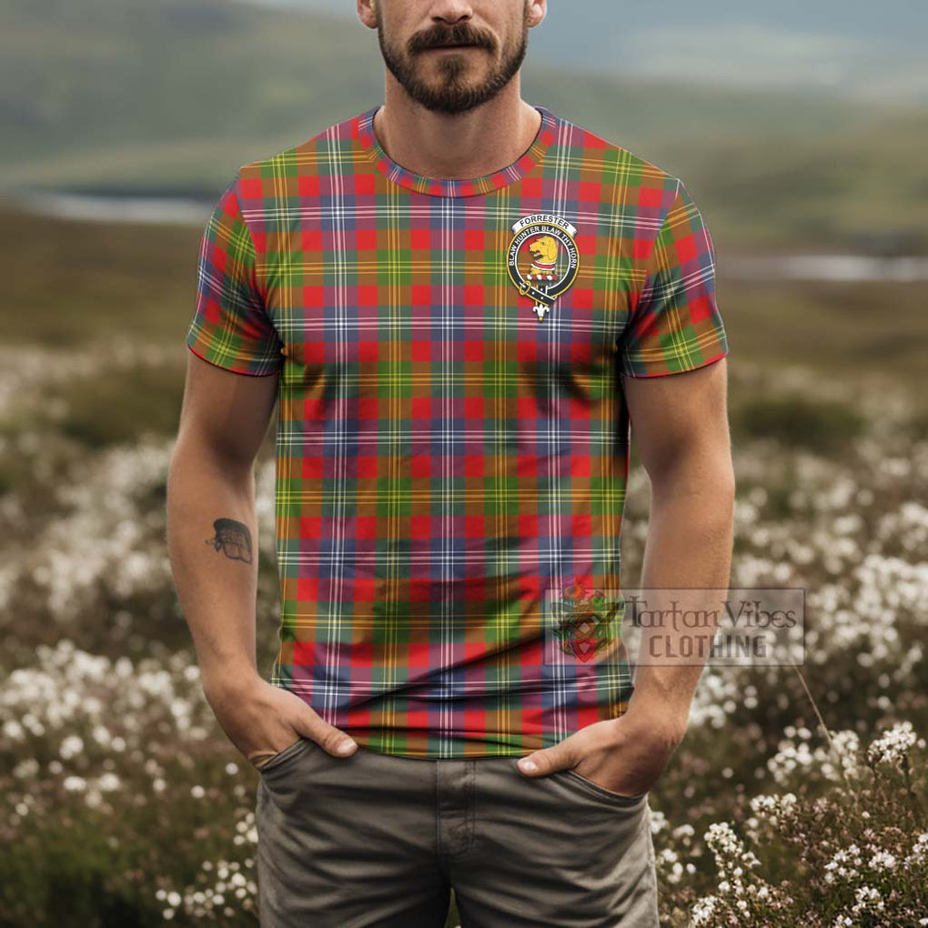 Tartan Vibes Clothing Forrester (Foster) Tartan T-Shirt with Family Crest and Bearded Skull Holding Bottles of Whiskey