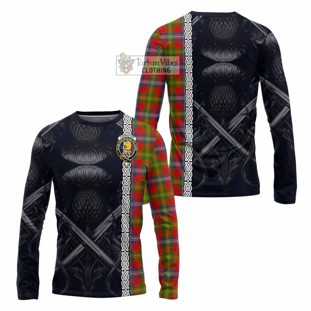 Tartan Vibes Clothing Forrester (Foster) Tartan Long Sleeve T-Shirt with Family Crest Cross Sword Thistle Celtic Vibes