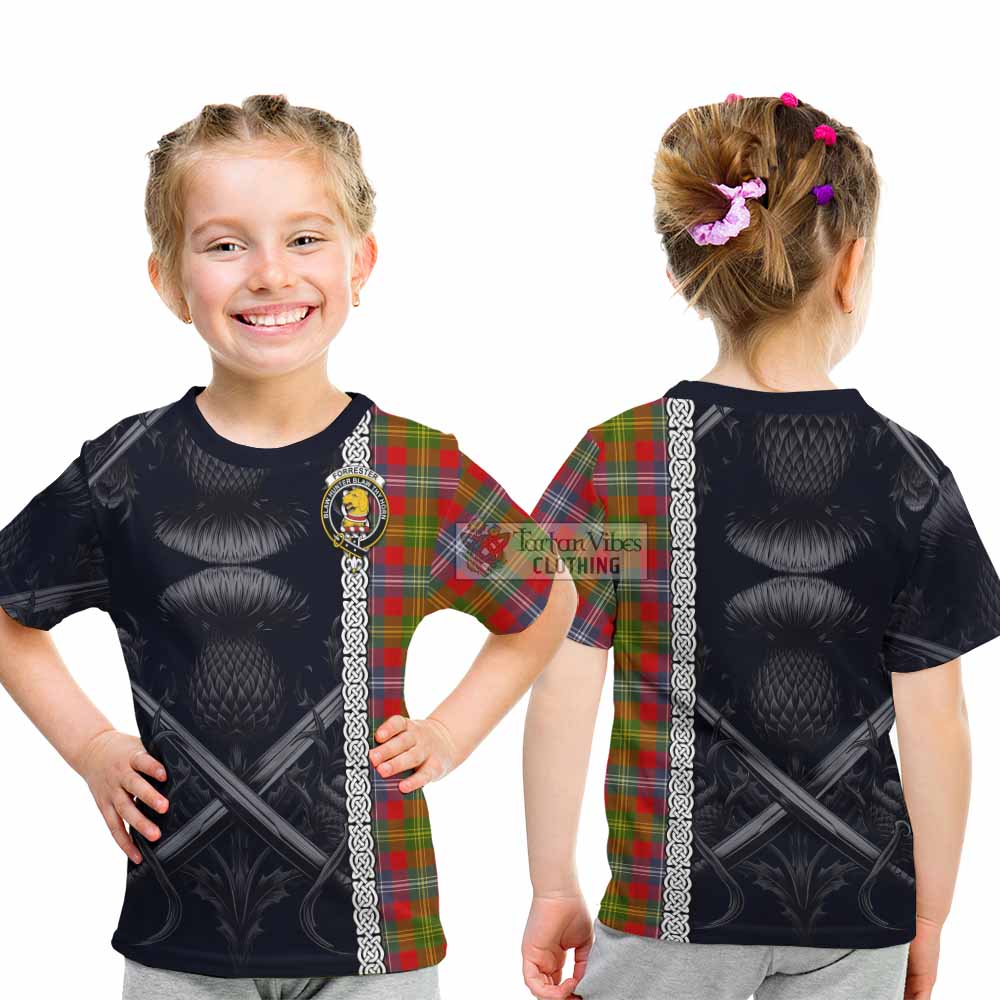 Tartan Vibes Clothing Forrester (Foster) Tartan Kid T-Shirt with Family Crest Cross Sword Thistle Celtic Vibes