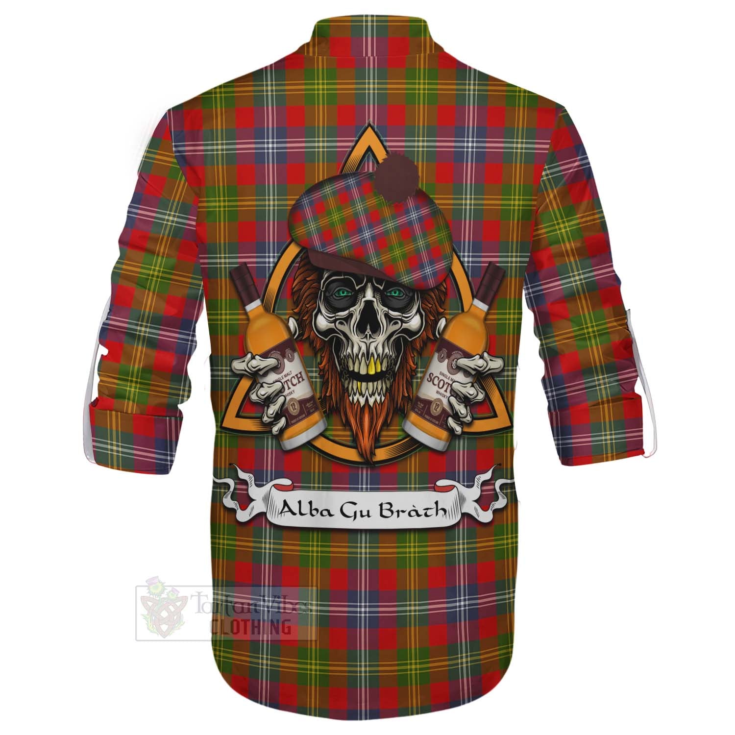 Tartan Vibes Clothing Forrester (Foster) Tartan Ghillie Kilt Shirt with Family Crest and Bearded Skull Holding Bottles of Whiskey